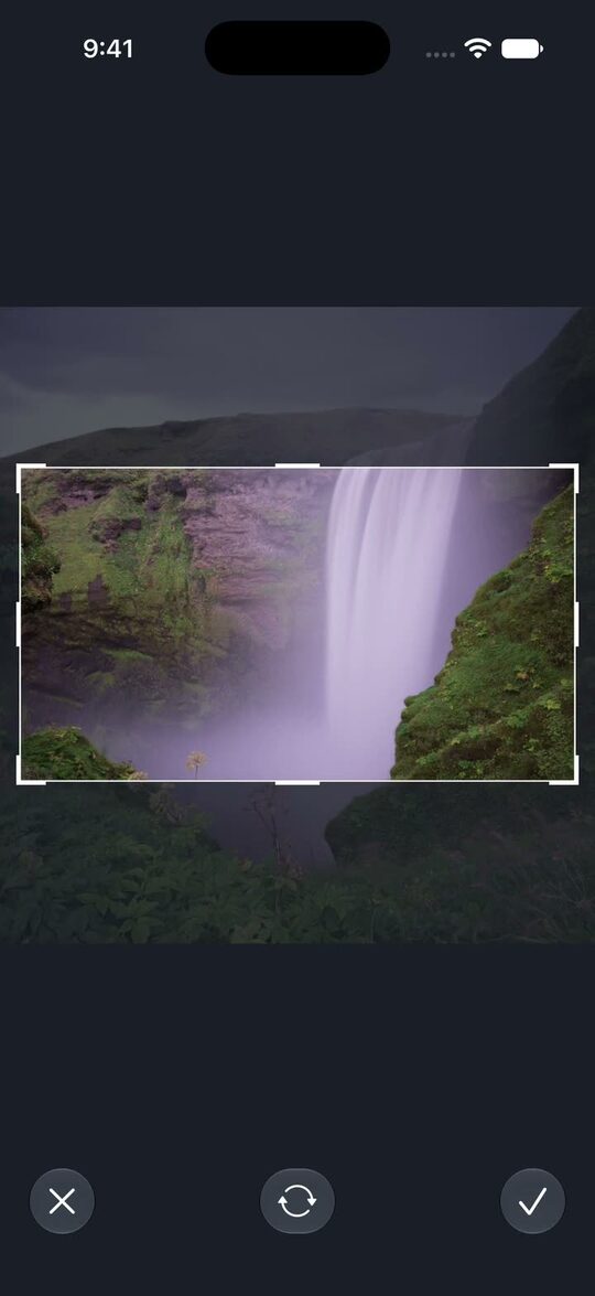 Cropping a waterfall photo to 16:9 for the Samsung Frame TV in the Frame Crop iPhone app