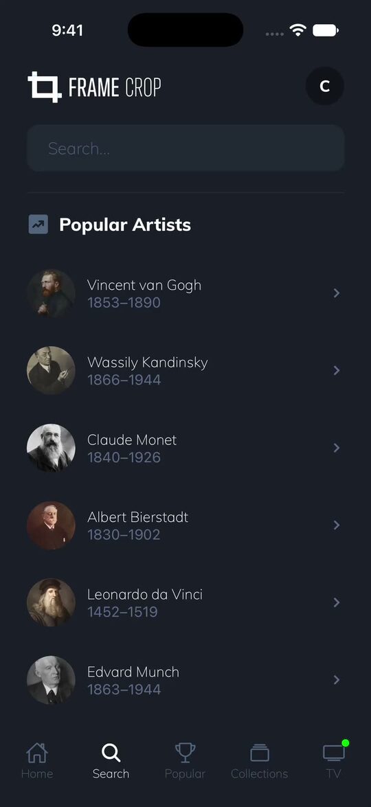 Frame Crop iPhone app search screen with popular artists like Van Gogh, Kandinsky, and Monet