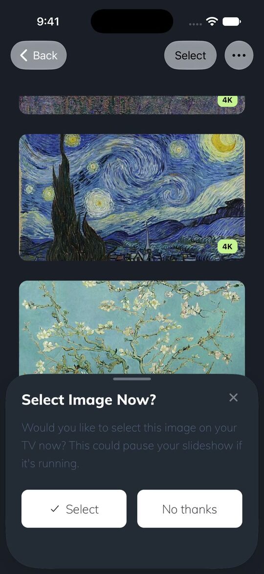 Frame Crop iPhone app finishing an upload to a Samsung Frame TV and offering to display it now